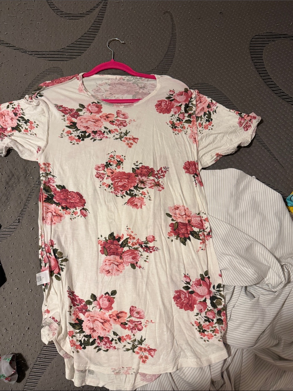 Cream Floral Short Sleeve Tunic Dress with Pink Rose Print